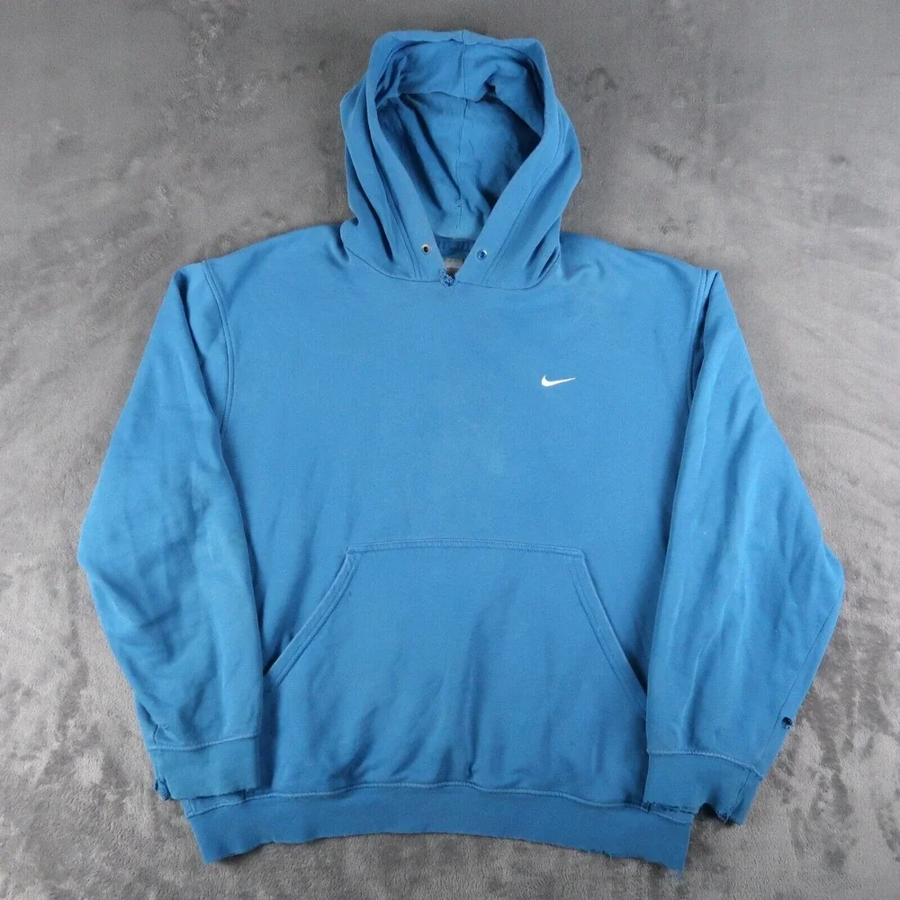 Vintage Y2K Nike Gray Tag Blue Hoodie Size L Large Mini Swoosh Thrashed - Picture 1 of 16